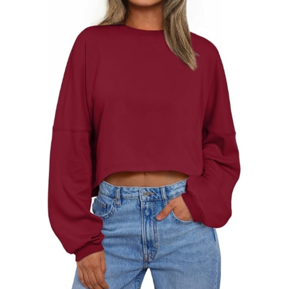 Cropped Oversized Crewneck Sweater Long Sleeve Burgundy New
